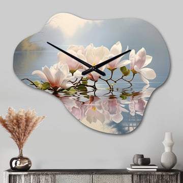 White Grey Magnolias Magnolia Reflections I - Asymmetric Metal Wall Clock